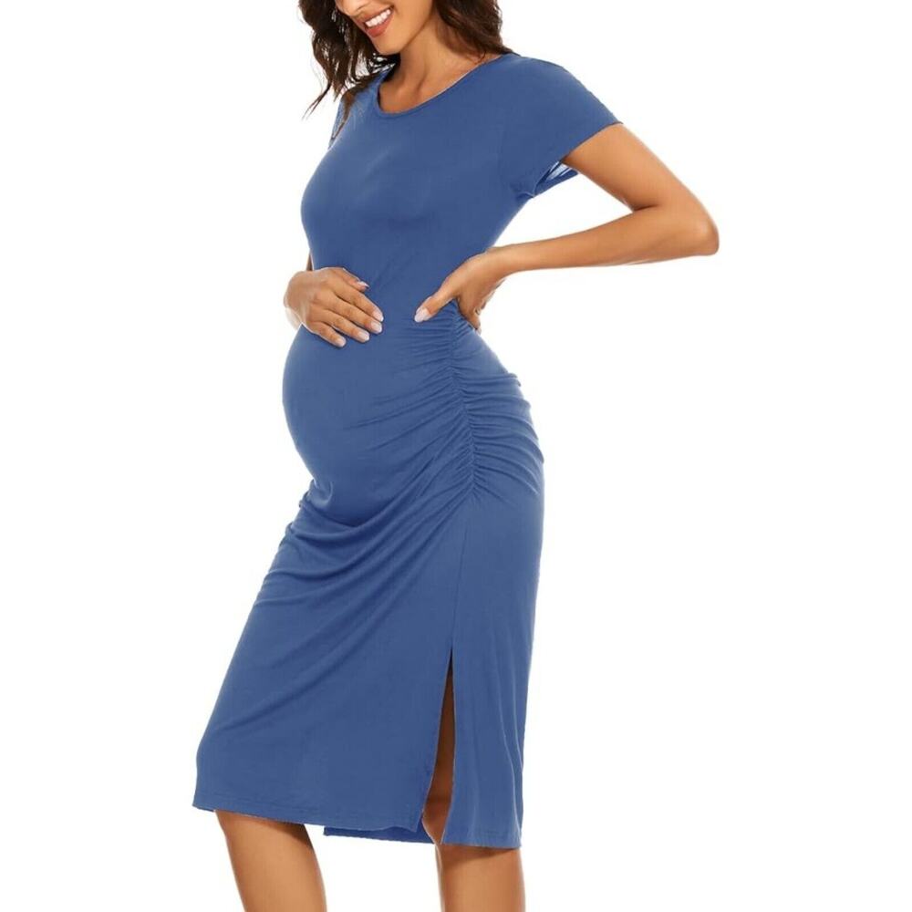 Smallshow Women's Split Maternity Dress Short Sleeve Ruched Pregnancy Dress XL